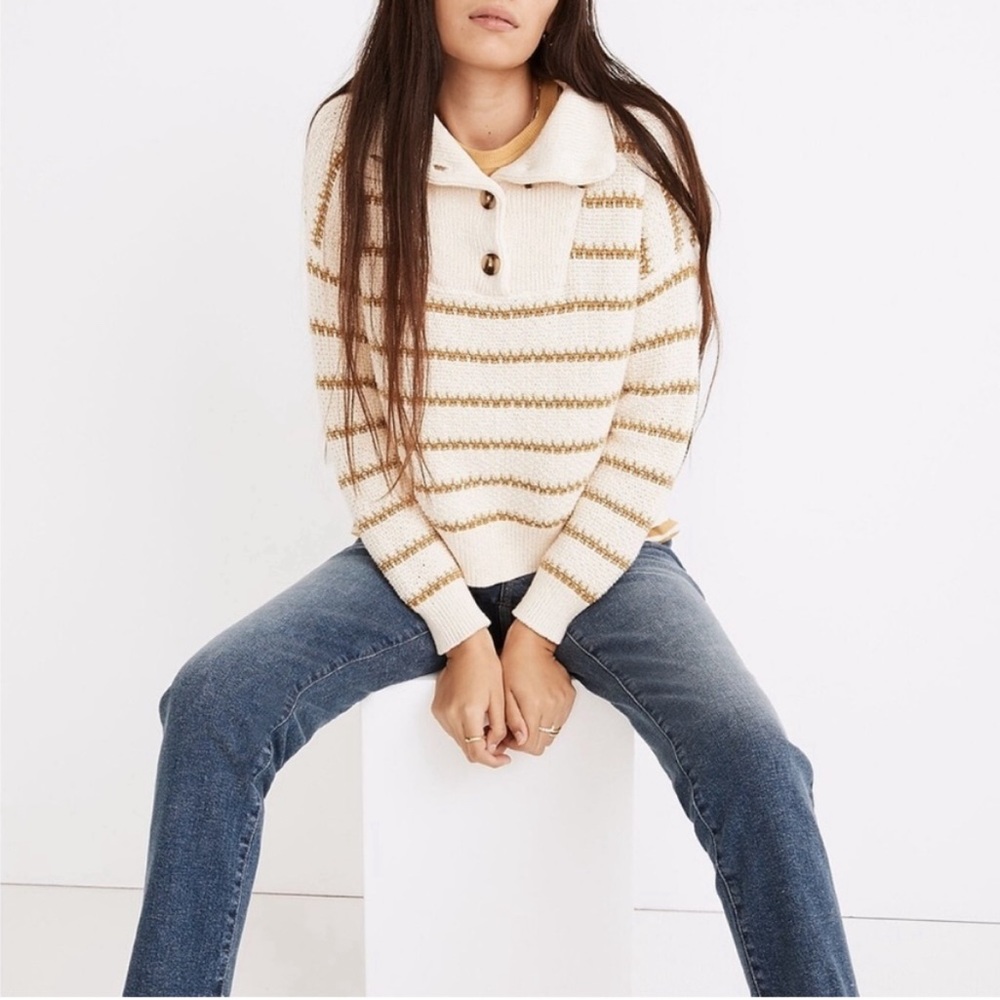 Madewell Canby Button Mockneck Stripe Pullover Sweater size XL
